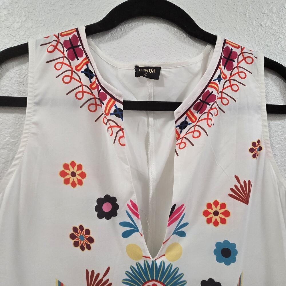 Vonda White Floral Ethnic Bohemian Sleeveless Maxi Sundres Size S Beach - Picture 3 of 10